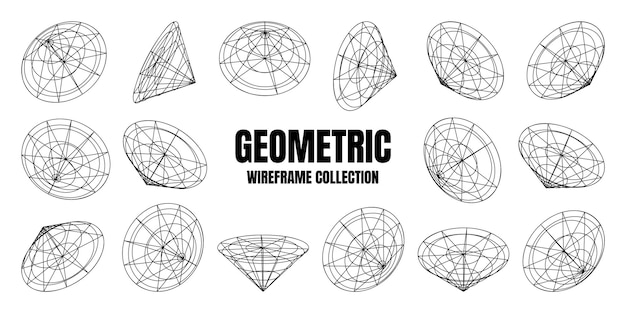 Marco de alambre con formas alineadas malla de perspectiva cuadrícula baja elementos poli geométricos diseño retro futurista