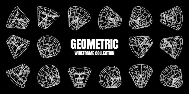 Marco de alambre con formas alineadas malla de perspectiva cuadrícula baja elementos poli geométricos diseño retro futurista