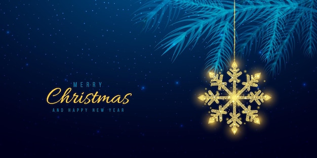 El marco de alambre de oro, copo de nieve y ramas de árbol de Navidad, estandarte de Año Nuevo de estilo poli bajo.
