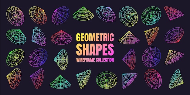 El marco de alambre revestido de neón forma una malla de perspectiva cuadrícula 3D baja elementos poli geométricos retro futuristas