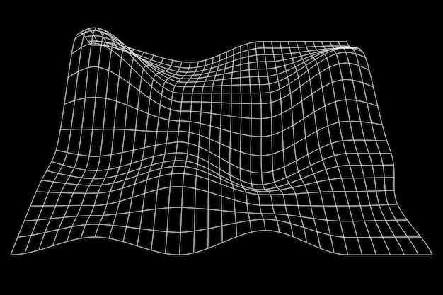 Marco de alambre de terreno blanco sobre fondo negro Deformación de la perspectiva de la cuadrícula Estructura de relieve en malla