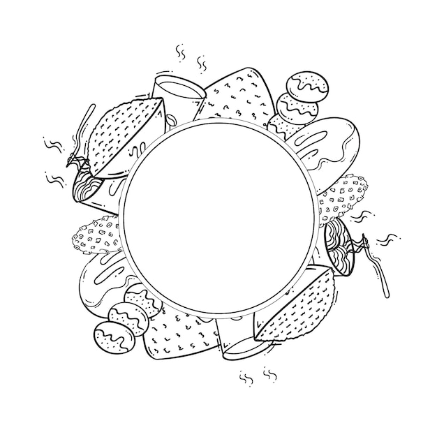 marco de alimentos y bebidas en el fondo del marco de estilo doodle