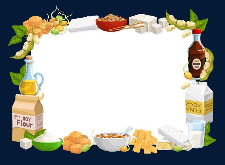 Vector marco de alimentos de soja con tofu de aceite de leche de soja de frijoles