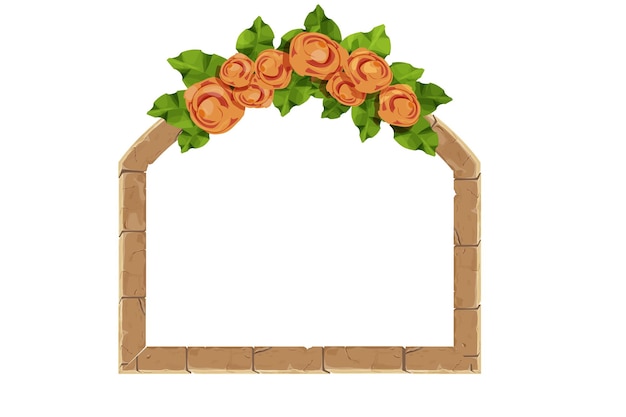 Marco de arco de piedra con decoración floral elegante flores y hojas en borde de estilo de dibujos animados