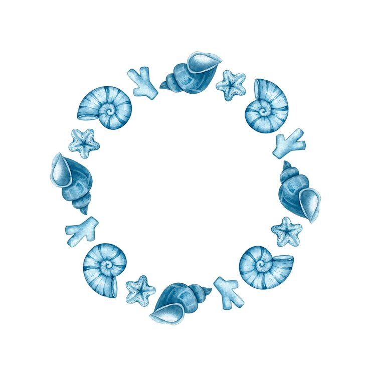 Vector marco azul acuarela de algas de conchas de corales sobre un fondo blanco