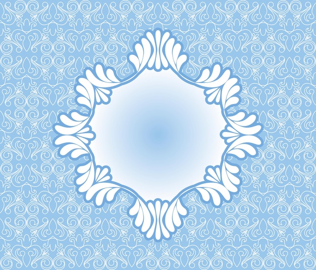 Marco azul vintage sobre fondo de damasco, ilustración vectorial