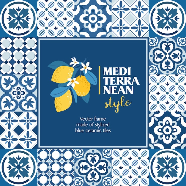 Marco de azulejos azules del Mediterráneo