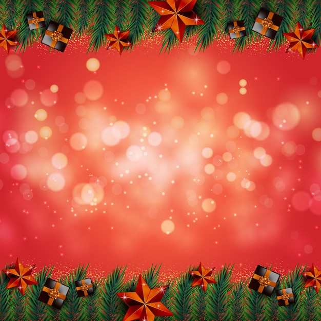 Marco de banner de fondo rojo de feliz Navidad con elementos de decoración realistas dorados Vector