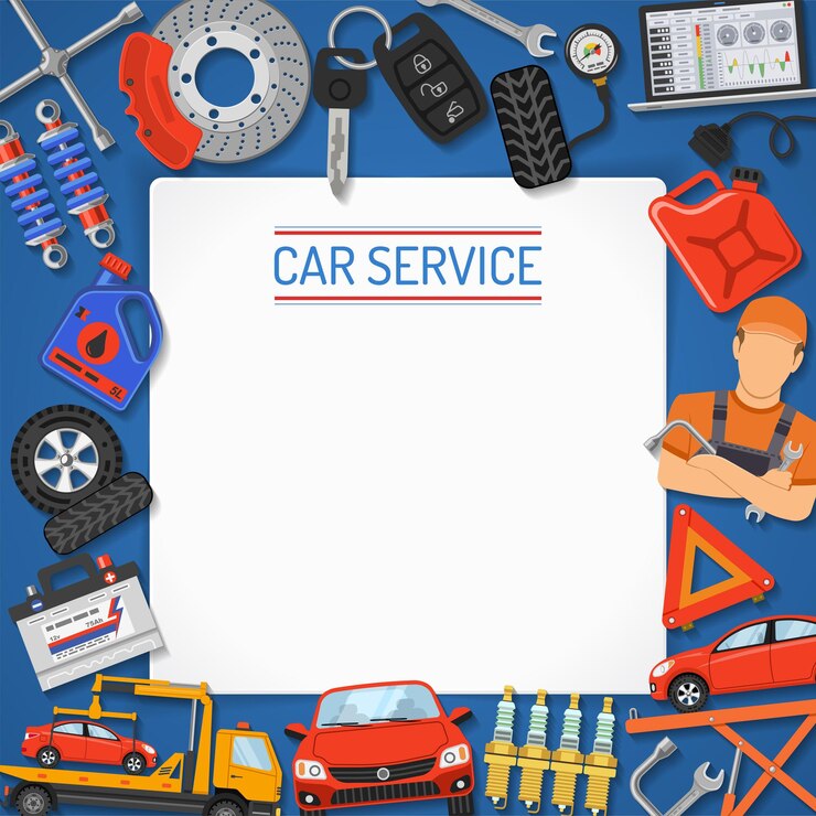 Vector marco y banner de servicio de coche. reparación de automóviles, servicio de neumáticos con iconos planos para póster, sitio web, publicidad como computadora portátil, grúa, batería, gato, mecánico. ilustración vectorial