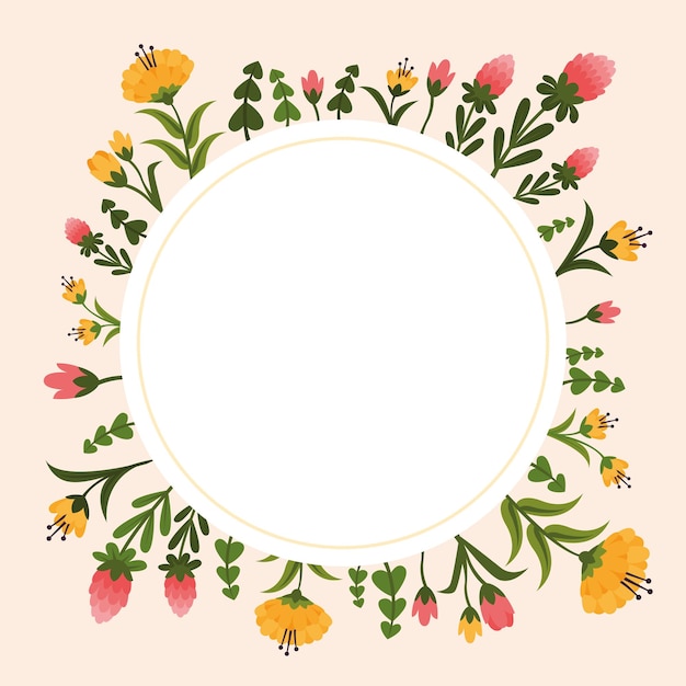 Marco en blanco decorado con flores de colores y follaje dispuesto armoniosamente borde de cartel vacío