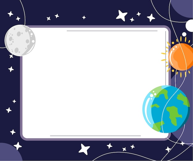 marco blanco con fondo de ilustración de espacio exterior de garabato lindo