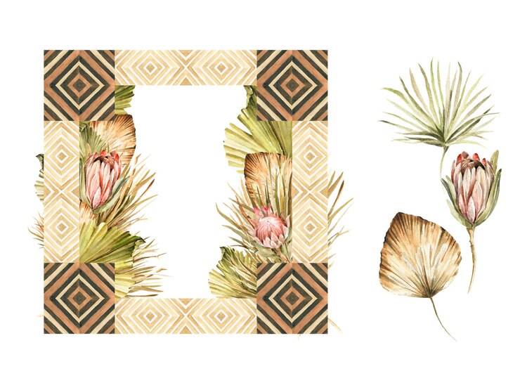 Vector marco boho de mosaico de madera natural azulejos geométricos hojas de palma tropical hierba seca para tarjetas impresas