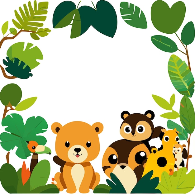 Marco de bosque de animales de la naturaleza para bebés dibujado a mano, plano, elegante, pegatina de dibujos animados, concepto de icono aislado