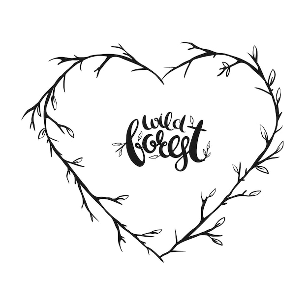 Marco de bosque floral rústico. Marco botánico en forma de corazón. Guirnalda vectorial con palos y ramitas.