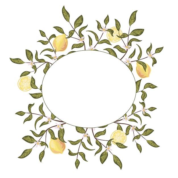 Marco botánico redondo con limones y flores.Ilustración dibujada a mano.