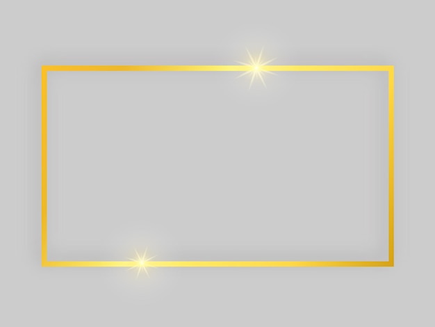 Marco brillante con efectos brillantes. Marco rectangular dorado con sombra sobre fondo gris. Ilustración vectorial