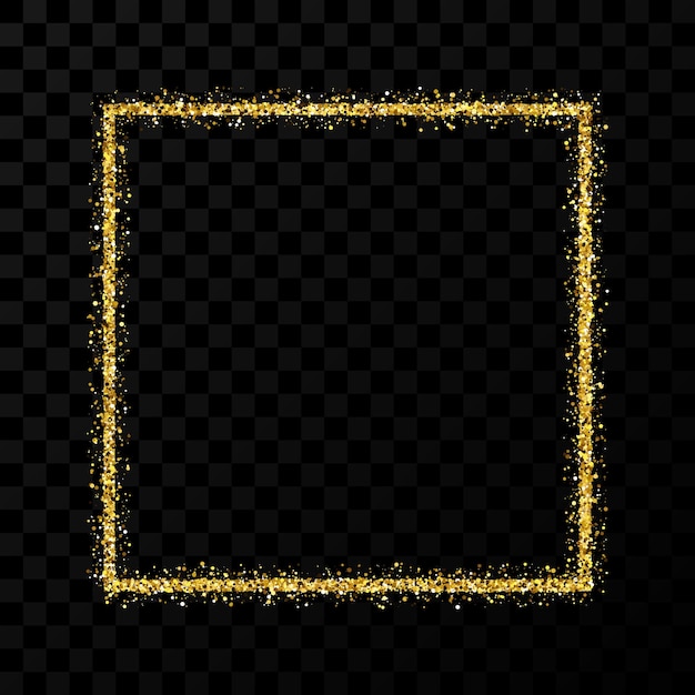 Marco de brillo dorado. Marco cuadrado con destellos brillantes sobre fondo transparente oscuro. Ilustración vectorial