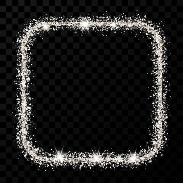 Marco de brillo plateado Cuadrado con marco de esquinas redondeadas con destellos brillantes sobre fondo transparente oscuro Ilustración vectorial