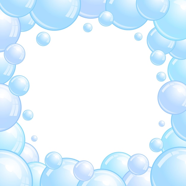 Marco de burbujas de jabón azul. Borde de espuma, separador decorativo de espuma. Patrón de pompas de jabón. Vector
