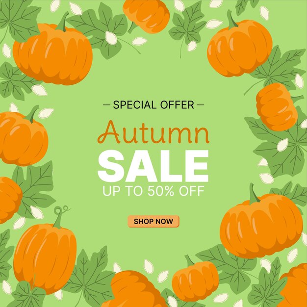 Marco de calabaza Marco cuadrado para ventas u ofertas en colores naranja blanco ang verde Calabaza deja semillas Plano aislado vector stock ilustración EPS 10