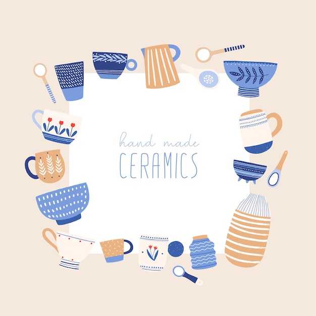 Marco de cerámica hecho a mano. Cerámica artesanal. Hermosa vajilla decorativa en estilo de dibujos animados