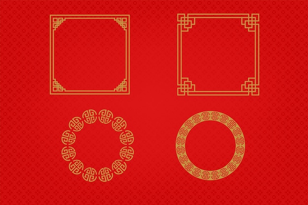 Marco chino o borde sobre fondo rojo adornos asiáticos tradicionales orientales dorados