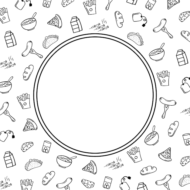 marco circular de alimentos y bebidas en estilo dibujado a mano