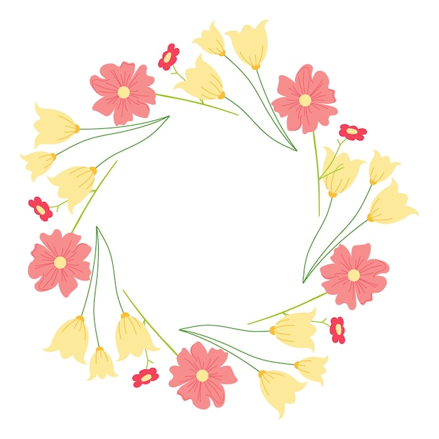 Marco circular amarillo y rojo decorado con elegantes tulipanes y otras flores