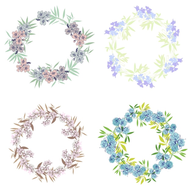 Marco circular con bambú y sakura Líneas redondas dibujadas a mano Fronteras de hojas y flores Invitación de boda y tarjetas Diseño de logotipo y plantillas de carteles Estilo minimalista elegante floral