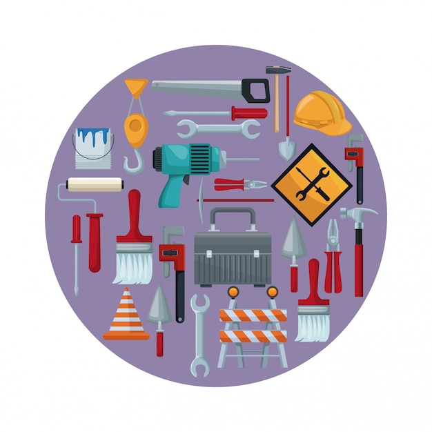 Vector marco circular colorido con iconos de construcción de herramientas