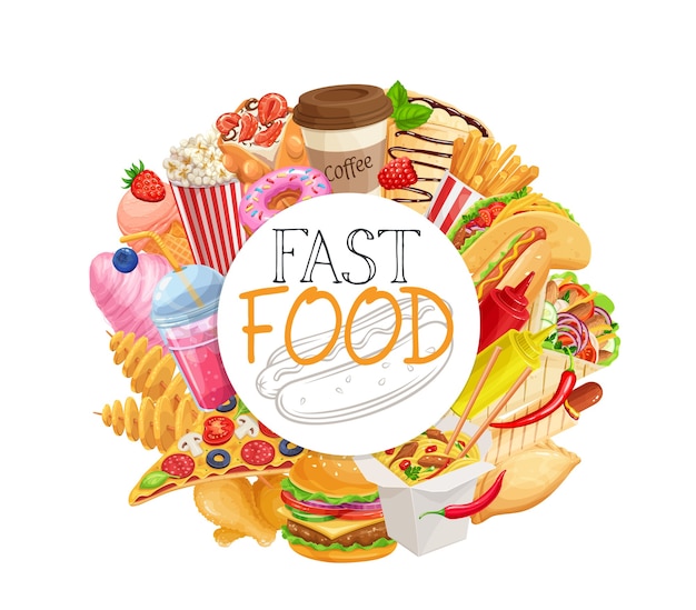 Marco circular de comida rápida de productos para llevar ilustración realista