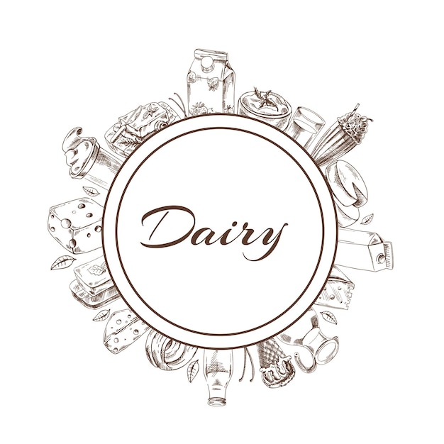 Marco circular dibujado a mano con productos lácteos como etiqueta vectorial para embalaje