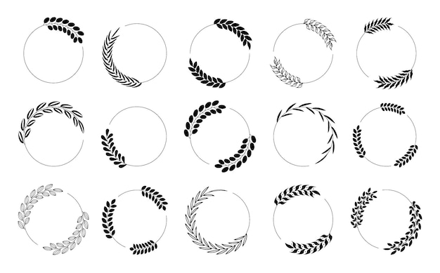 Marco circular floral dibujado a mano con elegantes bordes botánicos redondos, coronas con ramas, hojas en línea, arte y siluetas, conjunto aislado vectorial para tarjetas de invitación de boda, diseño de logotipo, redes sociales.
