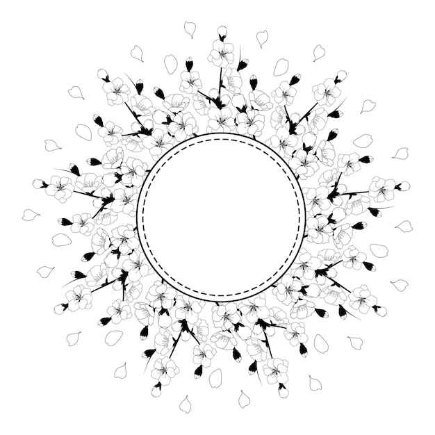 Marco circular con flores de cerezo tarjeta de felicitación minimalista o plantilla de invitación de boda ilustración vectorial en blanco y negro