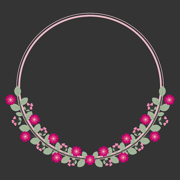 Marco circular o corona decorada con hojas verdes y flores de fucsia rosadas de amor