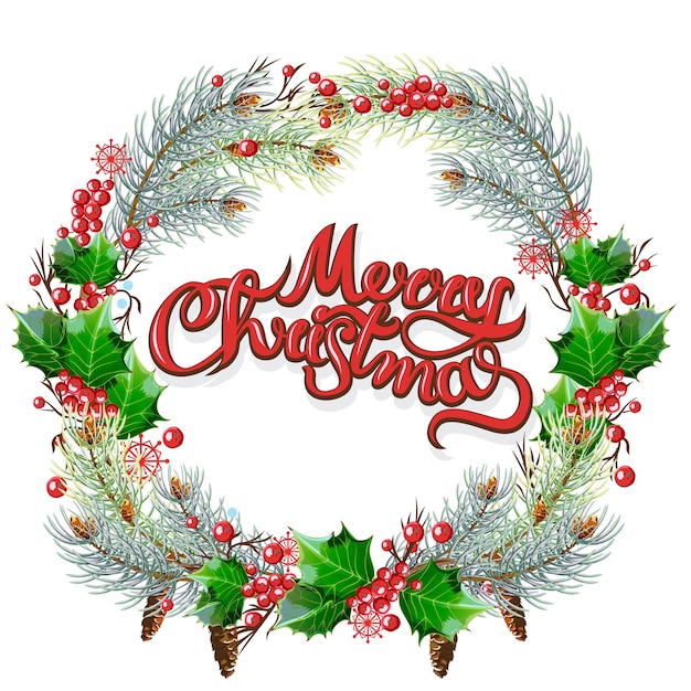 Marco circular ornamental de navidad. Ramas de acebo y abeto con hojas de bayas y conos.