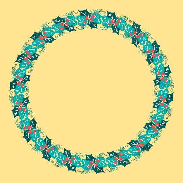 Marco Circular Vacío De Bayas Y Hojas Sobre Fondo Amarillo.