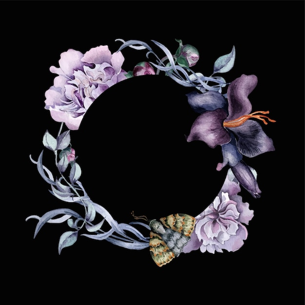 Marco de círculo de acuarela de flores de lirio rosa púrpura aisladas en peonía botánica floral gótica negra Ilustración dibujada a mano Decoración de boda en estilo vintage Elemento para telón de fondo de invitación