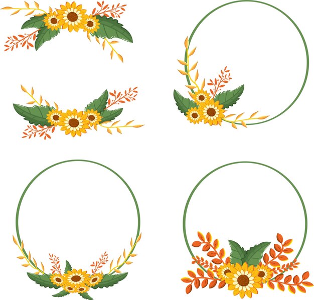 Vector marco de círculo botánico con línea redonda dibujada a mano con hojas y flores, invitación de boda y coche