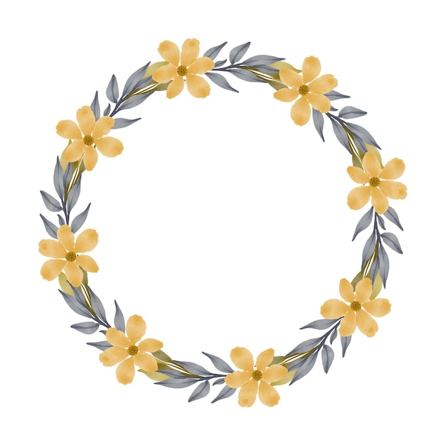 Marco de círculo con flor amarilla y hoja gris para saludo y tarjeta de boda