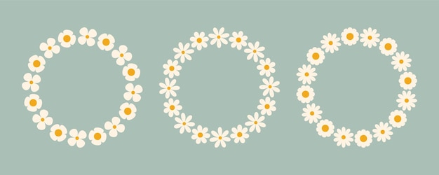 Marco de círculo de flores groovy conjunto de marco de círculo simple floral dibujado a mano botánico borde redondo laurel