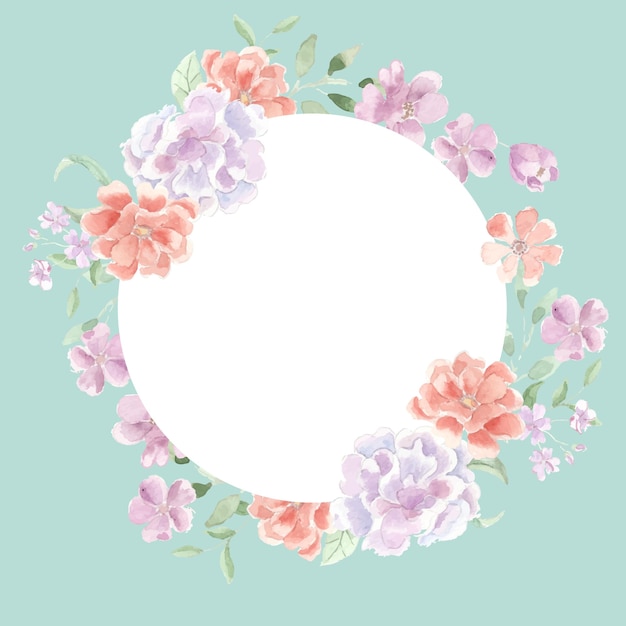 Marco de círculo de flores y hojas de acuarela romántica púrpura y naranja