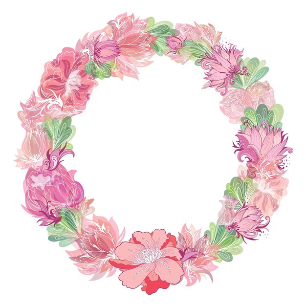 Marco de círculo hecho de flores de boceto con efecto de acuarela transparente para el diseño de celebración de invitación de tarjeta
