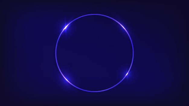 Marco de círculo de neón con efectos brillantes sobre fondo oscuro. Telón de fondo de techno que brilla intensamente vacío. Ilustración vectorial.