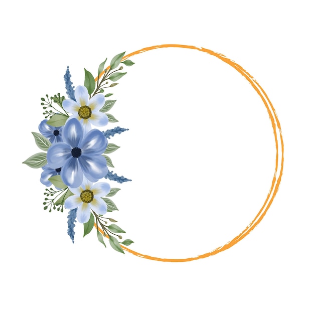 marco de círculo con ramo de flores de acuarela azul
