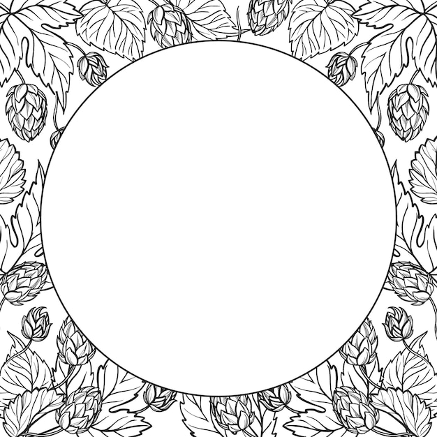 Vector marco de círculo vectorial dibujado a mano con hojas y brotes de plantas de lúpulo ilustración de ingredientes de cerveza artesanal