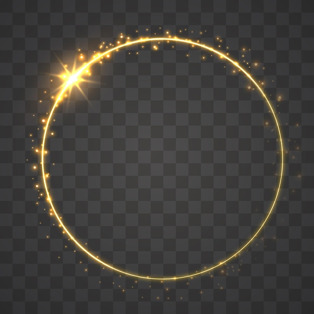 Marco de círculos dorados con efecto de luz brillante Un destello dorado vuela en círculo en un anillo luminoso