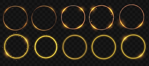 Marco de círculos dorados con efecto de luz brillante Un destello dorado vuela en círculo en un anillo luminoso