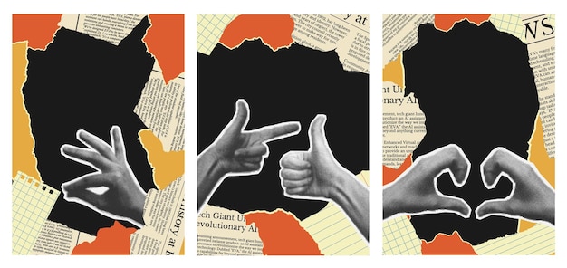 Marco de collage abstracto con un pedazo de papel rasgado y una mano de medio tono Cartel con borde en blanco nota rasgada plantilla de medio tono retro para