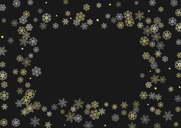 Marco de copos de nieve de brillo sobre fondo negro horizontal. Brillante marco de Navidad y año nuevo para certificado de regalo, anuncios, pancartas, folletos. Nieve que cae con copos de nieve de brillo dorado para invitar a la fiesta